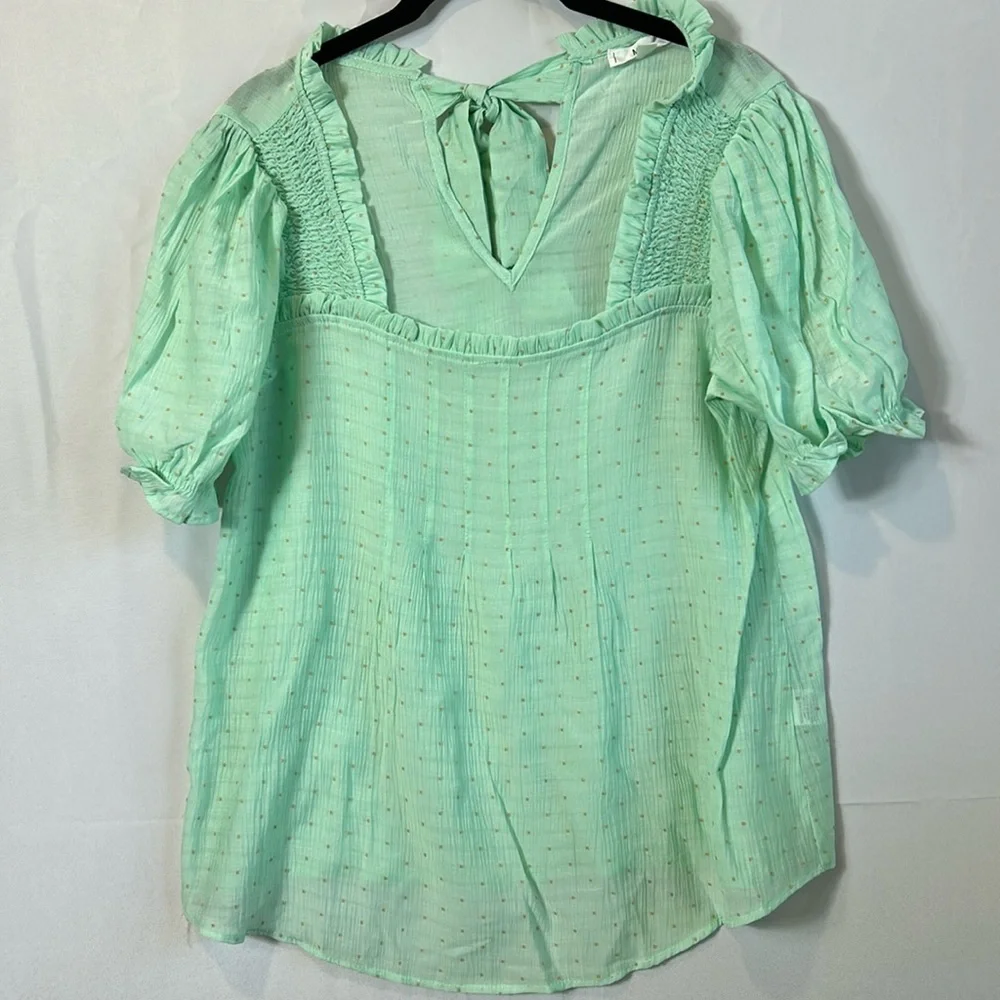 Anthropologie MINE Green Top Size Large Tie Back Brown Raised Dots New - Picture 2 of 8